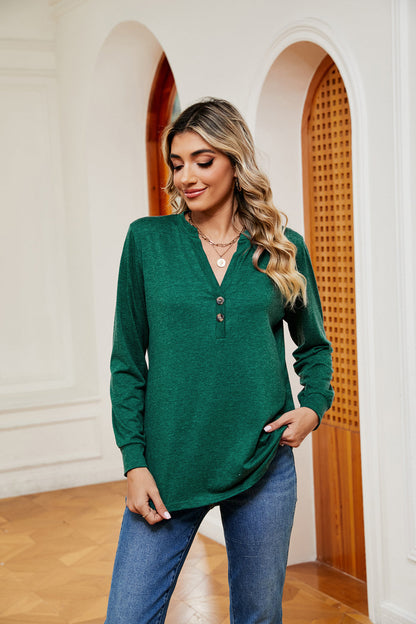 Buttoned Notched Neck Long Sleeve Top - Aurelia Clothing