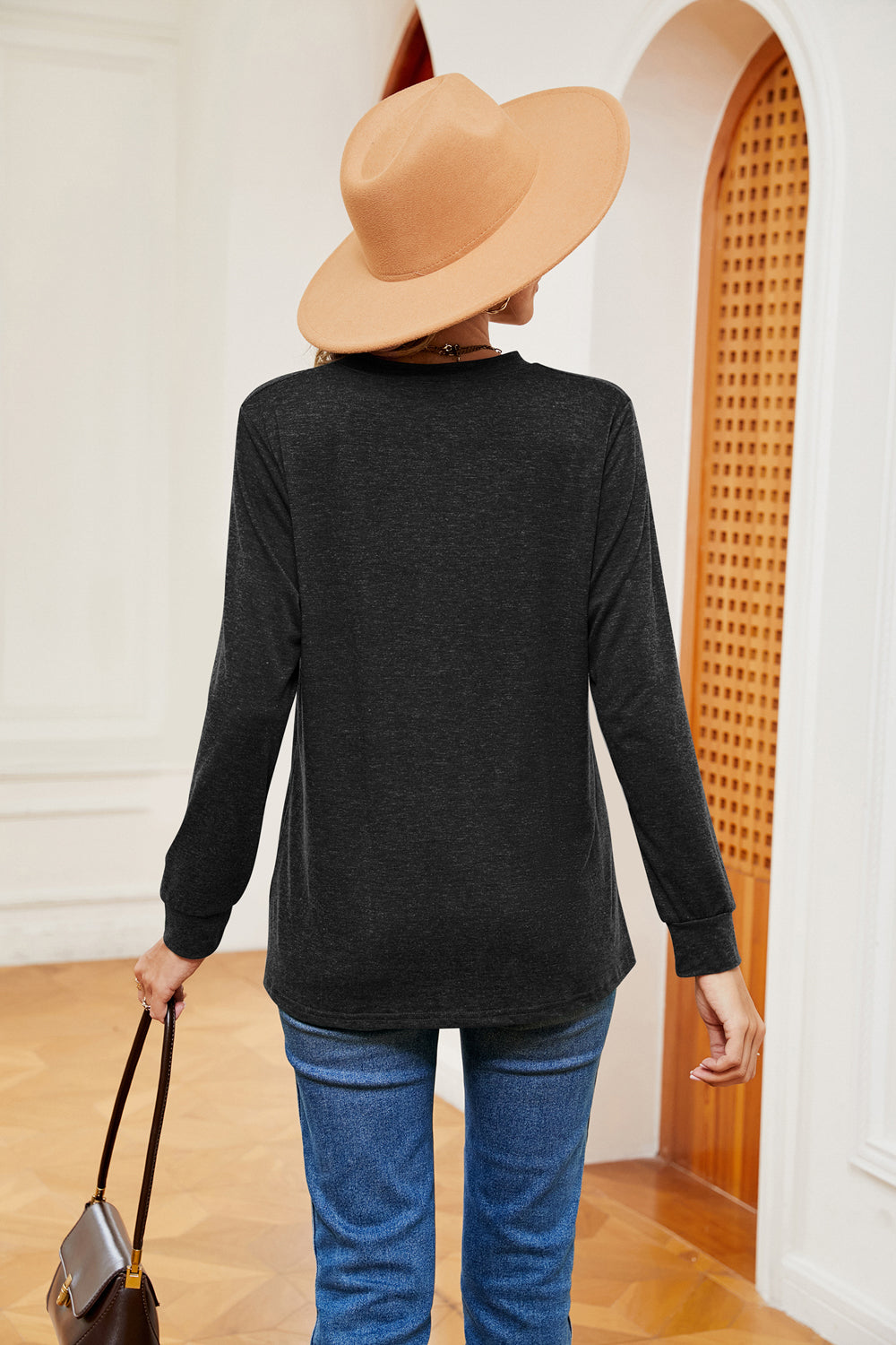 Buttoned Notched Neck Long Sleeve Top - Aurelia Clothing
