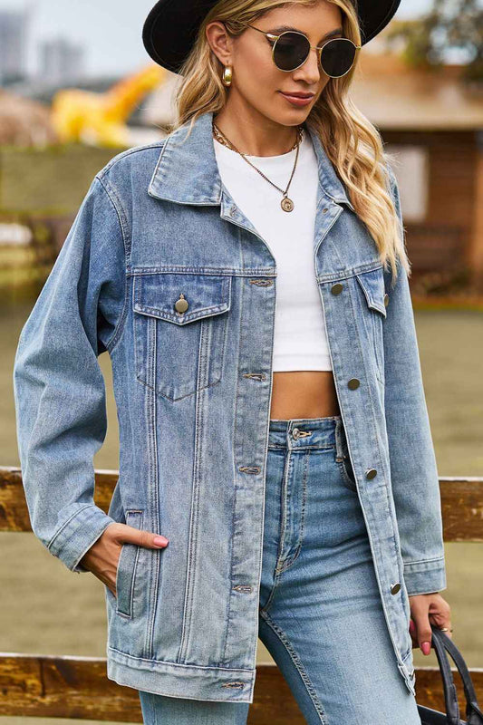 Buttoned Collared Neck Denim Womens Jacket with Pockets - aurelia-clothing-8955