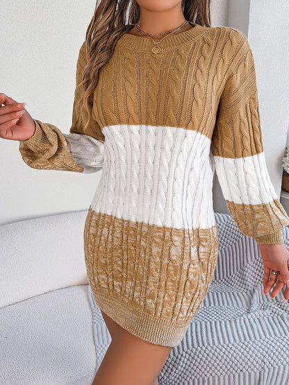 Cable-Knit Round Neck Color Block Sweater Dress - Free Shipping - Aurelia Clothing
