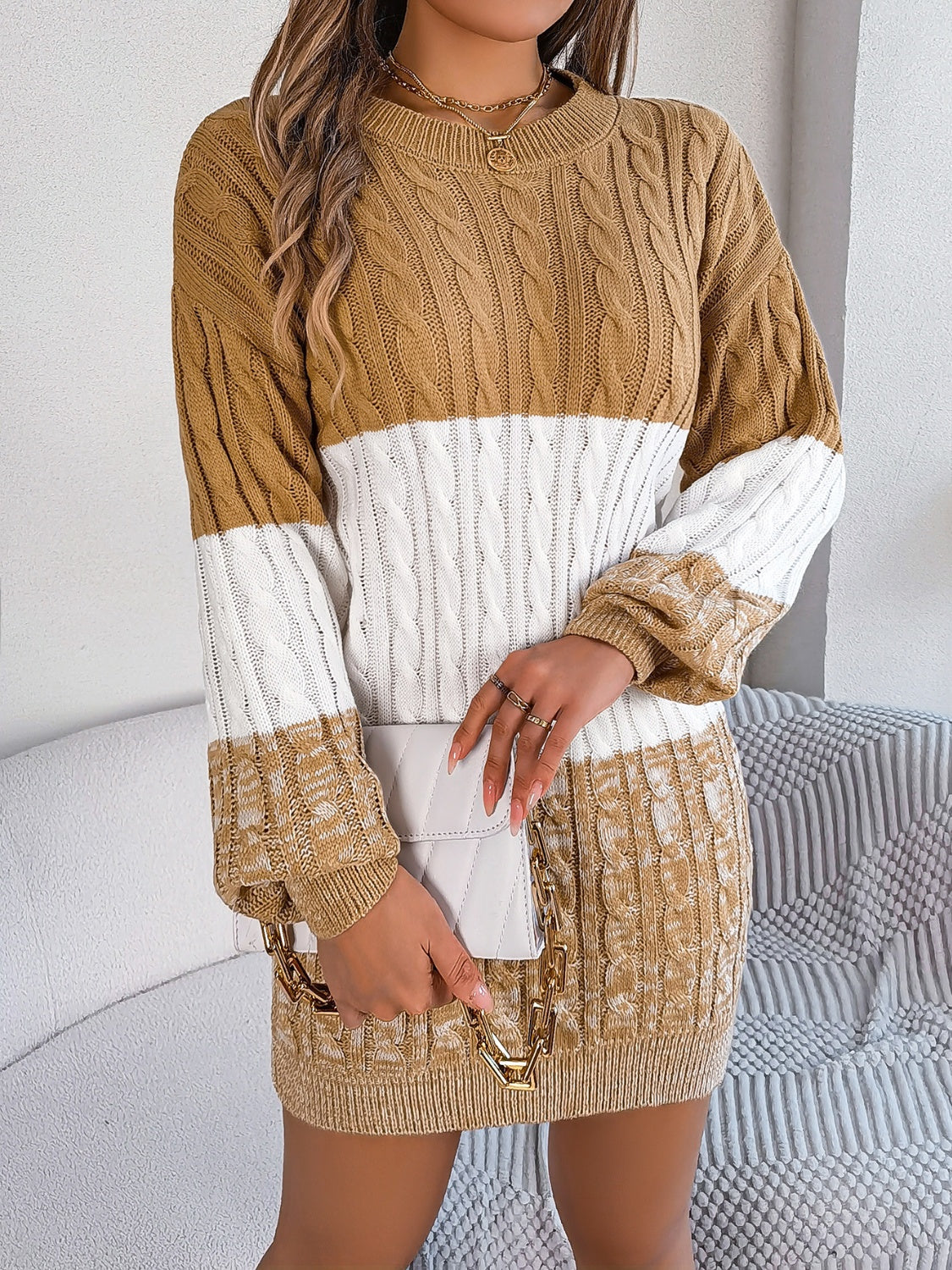 Cable-Knit Round Neck Color Block Sweater Dress - Free Shipping - Aurelia Clothing