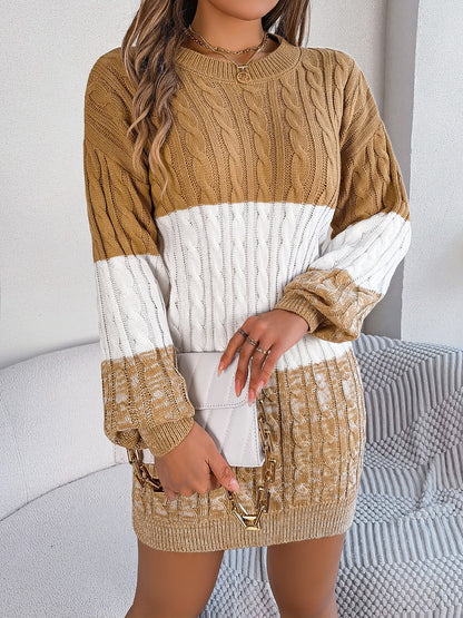 Cable-Knit Round Neck Color Block Sweater Dress - Free Shipping - Aurelia Clothing