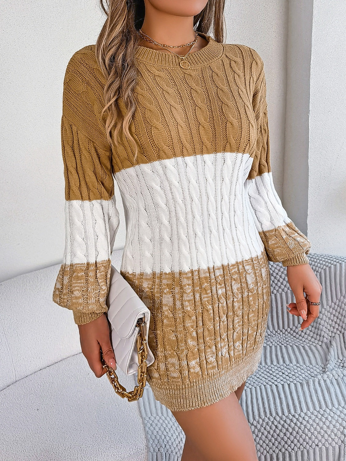 Cable-Knit Round Neck Color Block Sweater Dress - Free Shipping - Aurelia Clothing