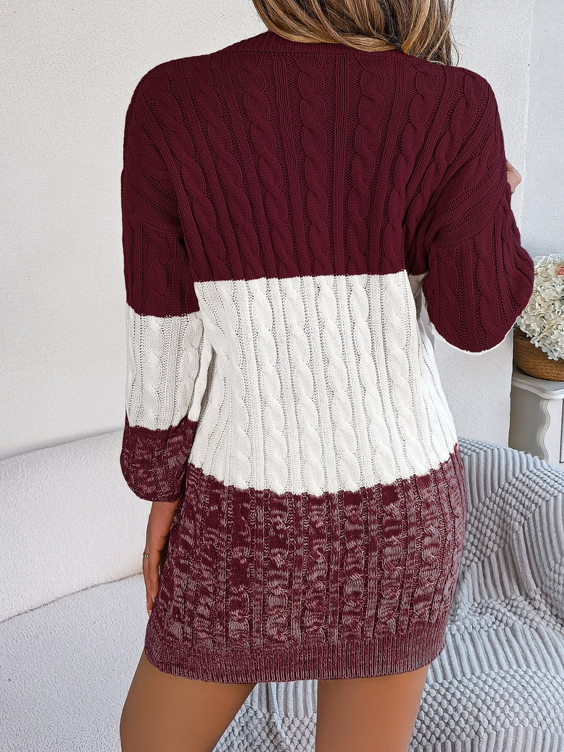 Cable-Knit Round Neck Color Block Sweater Dress - Free Shipping - Aurelia Clothing