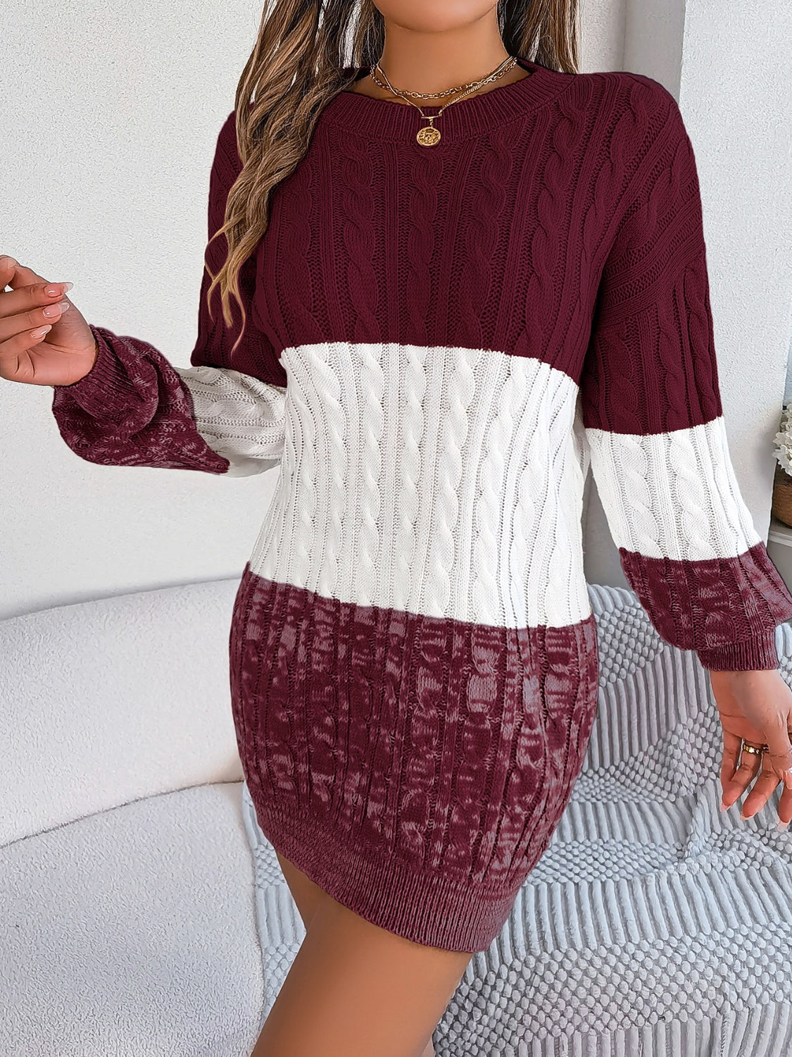 Cable-Knit Round Neck Color Block Sweater Dress - Free Shipping - Aurelia Clothing
