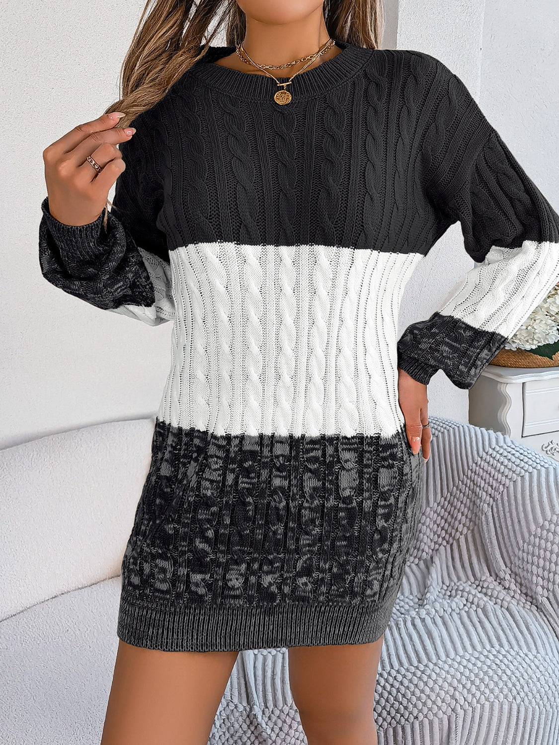 Cable-Knit Round Neck Color Block Sweater Dress - Free Shipping - Aurelia Clothing
