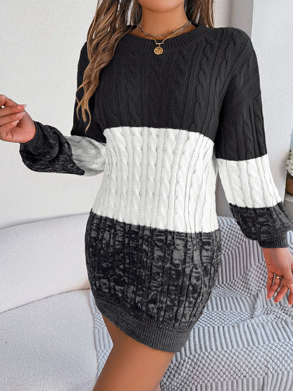 Cable-Knit Round Neck Color Block Sweater Dress - Free Shipping - Aurelia Clothing