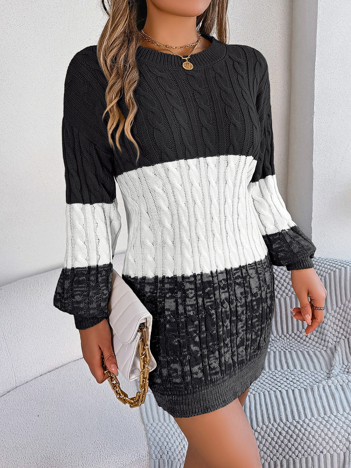Cable-Knit Round Neck Color Block Sweater Dress - Free Shipping - Aurelia Clothing
