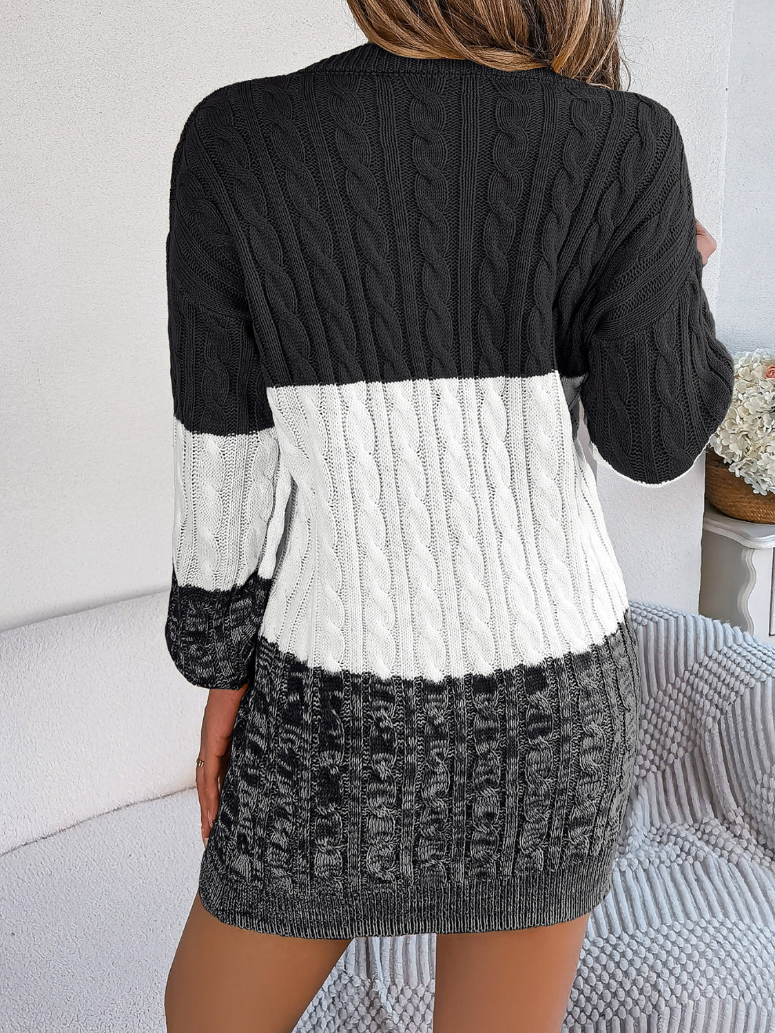 Cable-Knit Round Neck Color Block Sweater Dress - Free Shipping - Aurelia Clothing