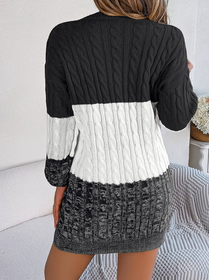 Cable-Knit Round Neck Color Block Sweater Dress - Free Shipping - Aurelia Clothing