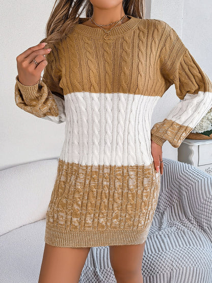 Cable-Knit Round Neck Color Block Sweater Dress - Free Shipping - Aurelia Clothing
