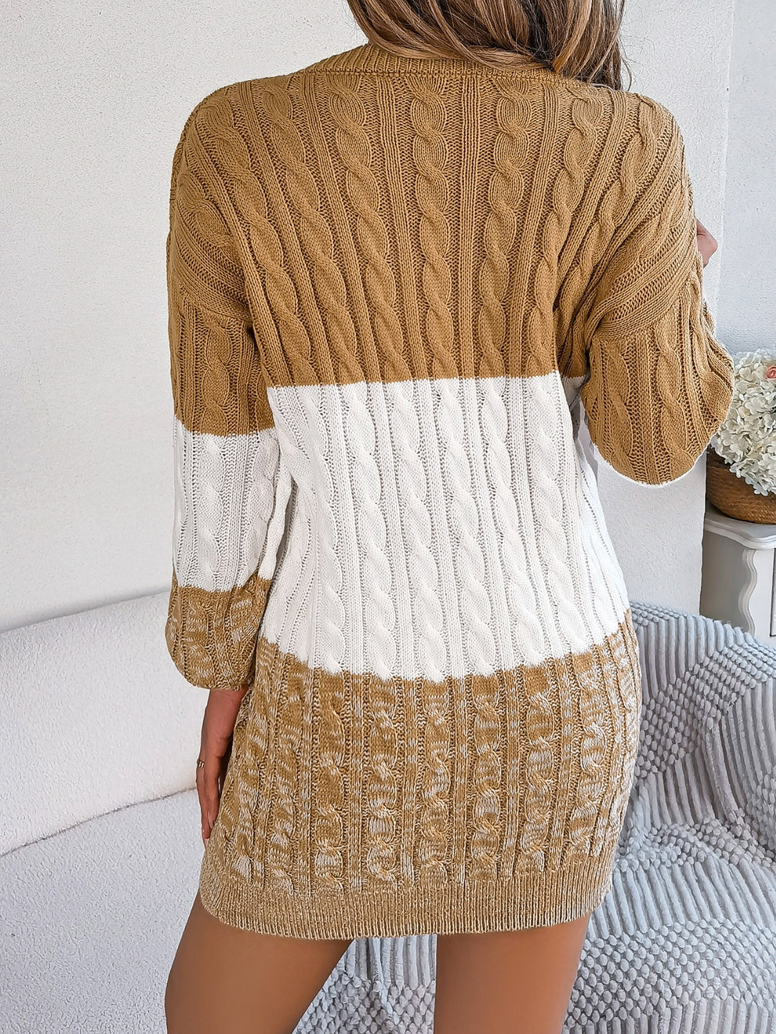 Cable-Knit Round Neck Color Block Sweater Dress - Free Shipping - Aurelia Clothing