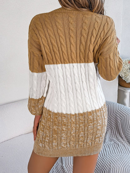Cable-Knit Round Neck Color Block Sweater Dress - Free Shipping - Aurelia Clothing