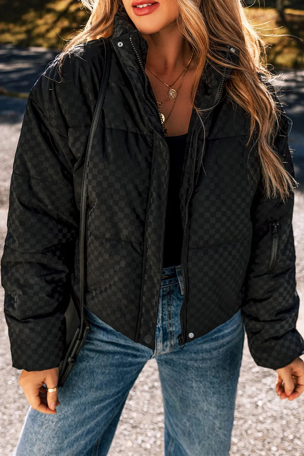 Checkered Turtleneck Zip Up Long Sleeve Winter Coat - Aurelia Clothing