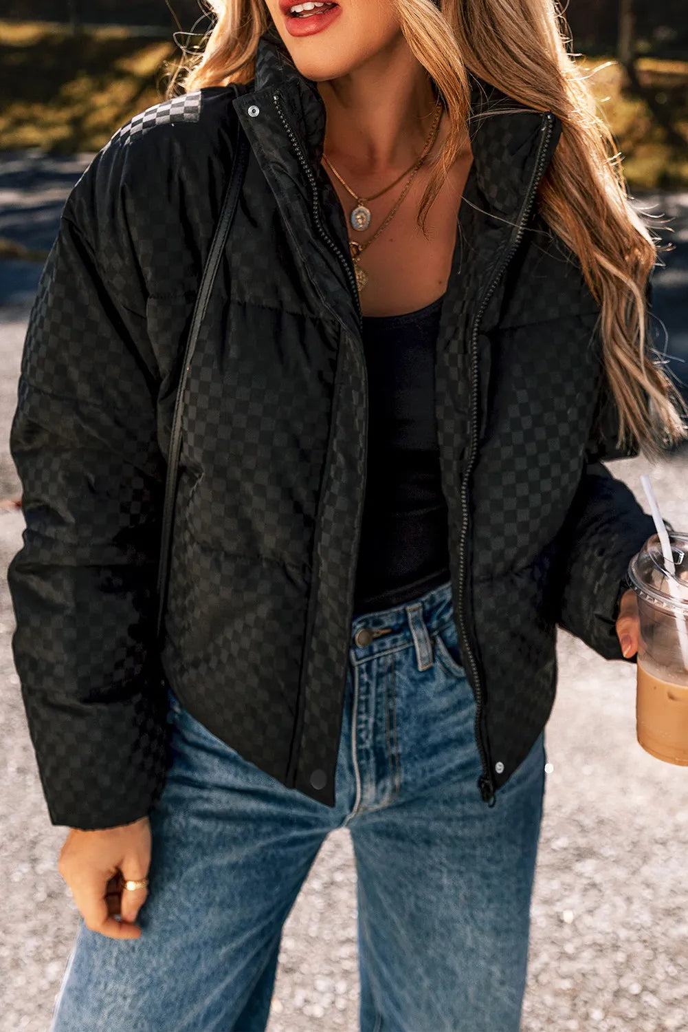 Checkered Turtleneck Zip Up Long Sleeve Winter Coat - Aurelia Clothing