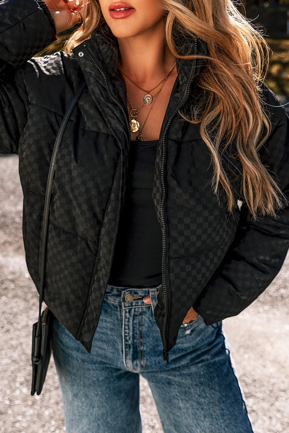 Checkered Turtleneck Zip Up Long Sleeve Winter Coat - Aurelia Clothing