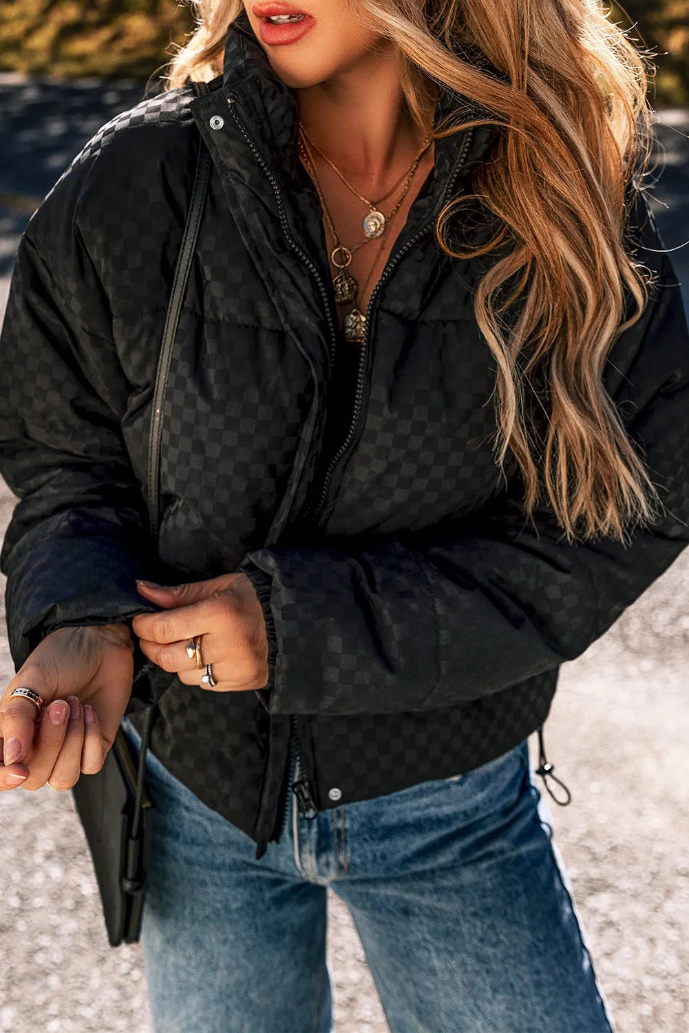Checkered Turtleneck Zip Up Long Sleeve Winter Coat - Aurelia Clothing