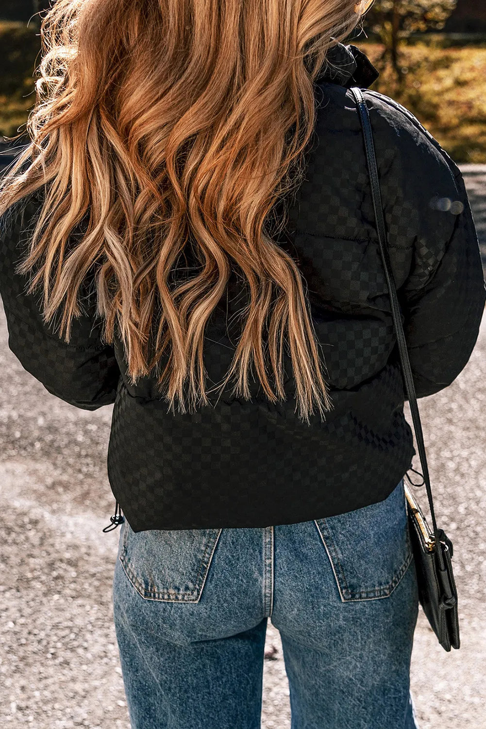 Checkered Turtleneck Zip Up Long Sleeve Winter Coat - Aurelia Clothing