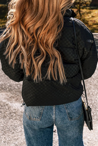 Checkered Turtleneck Zip Up Long Sleeve Winter Coat - Aurelia Clothing
