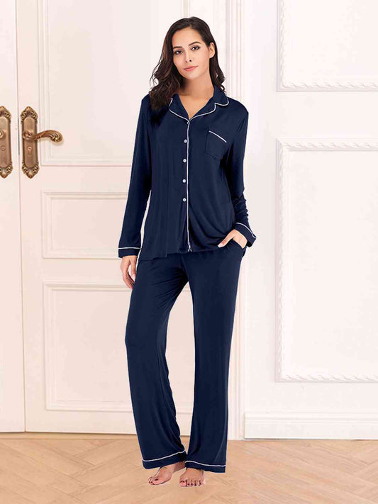 Collared Neck Long Sleeve Loungewear Set with Pockets - Free Shipping - Aurelia Clothing