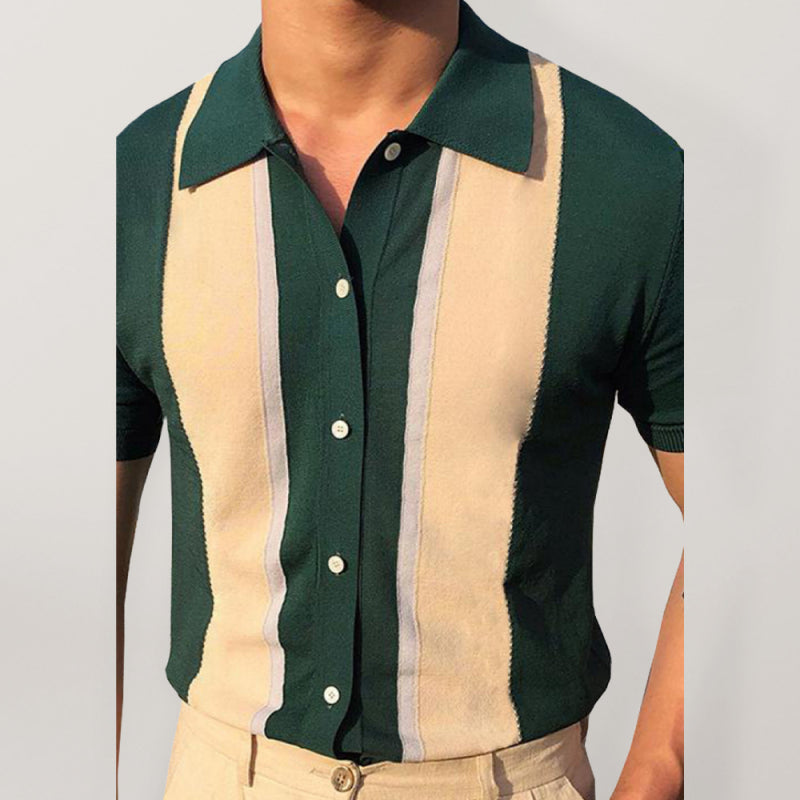 Collision T-Shirt Single-Breasted Cardigan Knitted Short-Sleeved Polo Shirt - Free Shipping - Aurelia Clothing