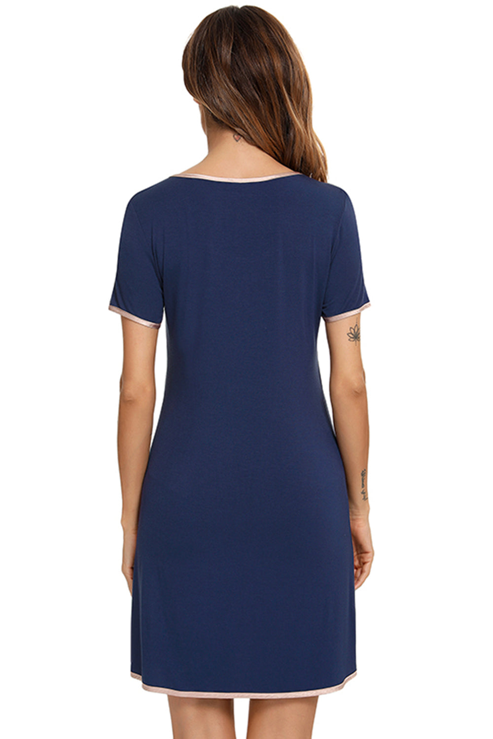 Contrast Trim Pocketed Round Neck Lounge Dress - Aurelia Clothing