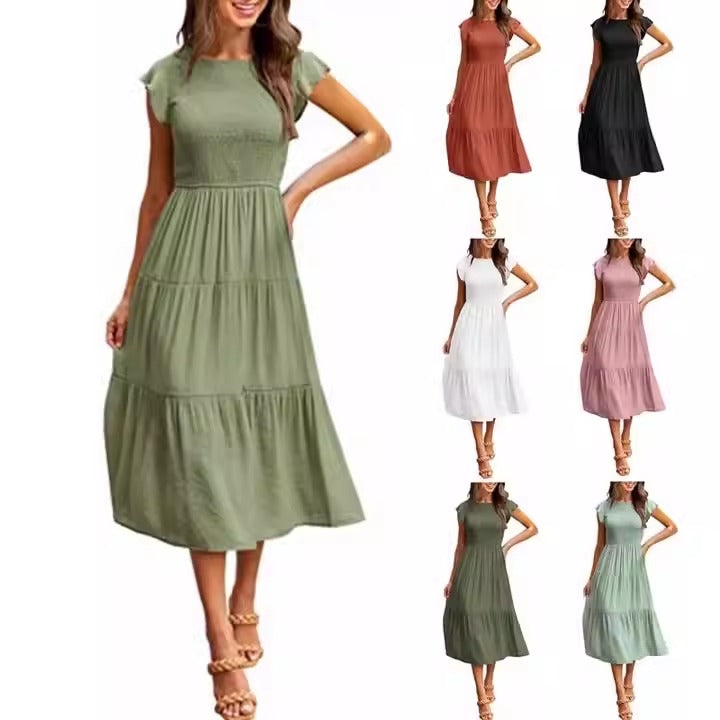 Women's flying sleeve pleated layered short sleeved large hem dress - Free Shipping - Aurelia Clothing