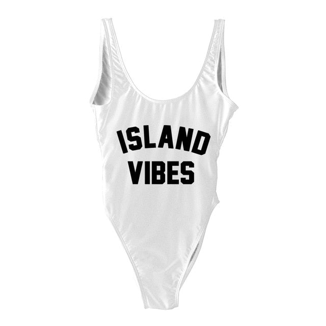 Sexy Swimwear Women ISLAND VIBES Letter Print Swimwear Women High Cut Low Back Bathing Suits - Free Shipping - Aurelia Clothing