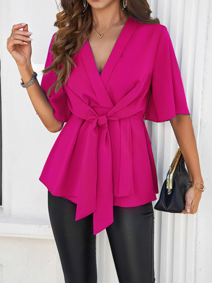 Devine Tied Front Peplum Blouse - Aurelia Clothing