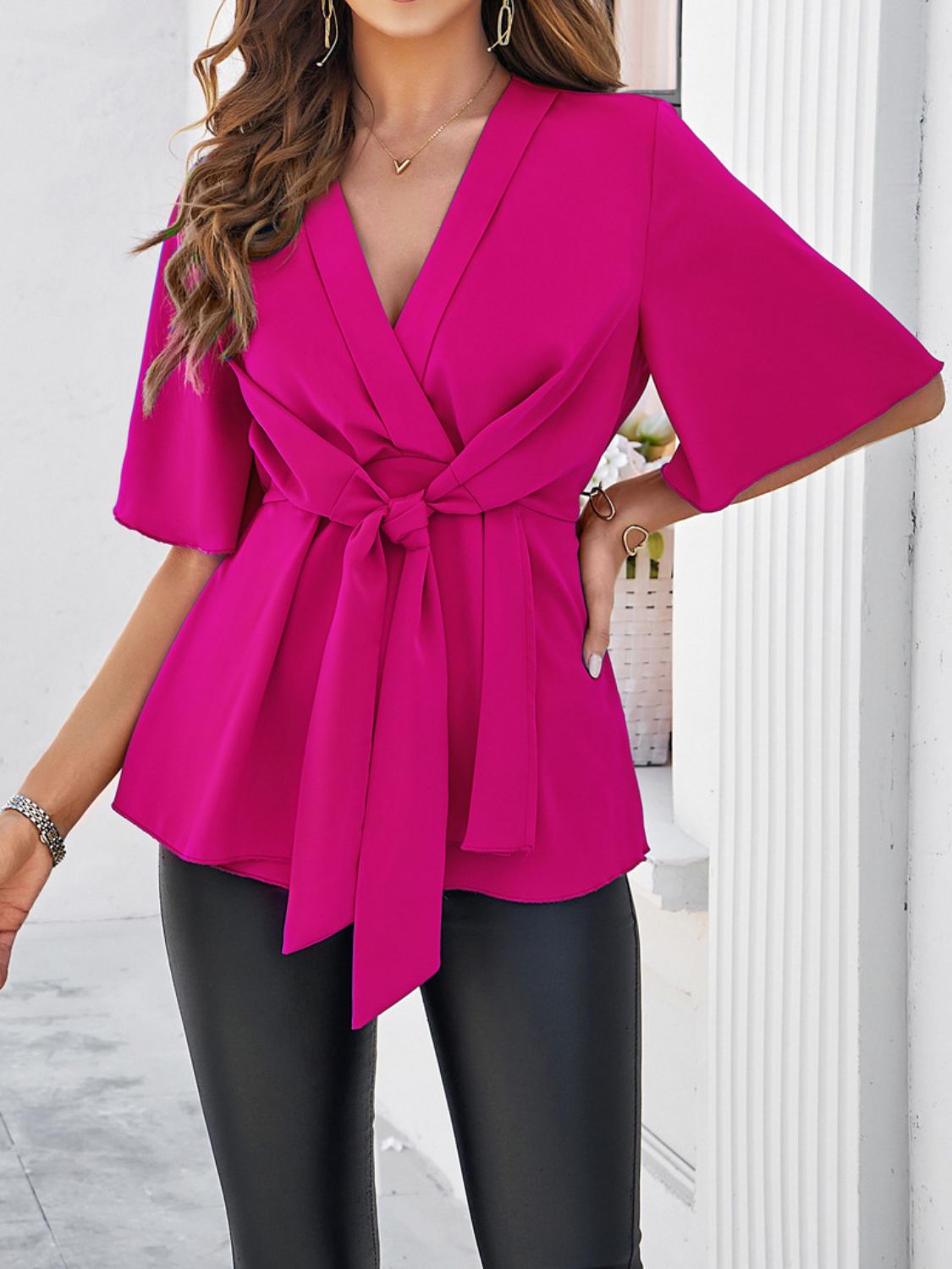 Devine Tied Front Peplum Blouse - Aurelia Clothing