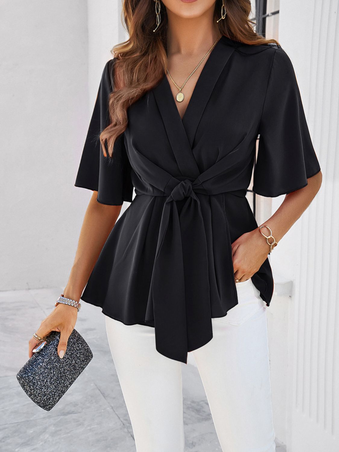 Devine Tied Front Peplum Blouse - Aurelia Clothing