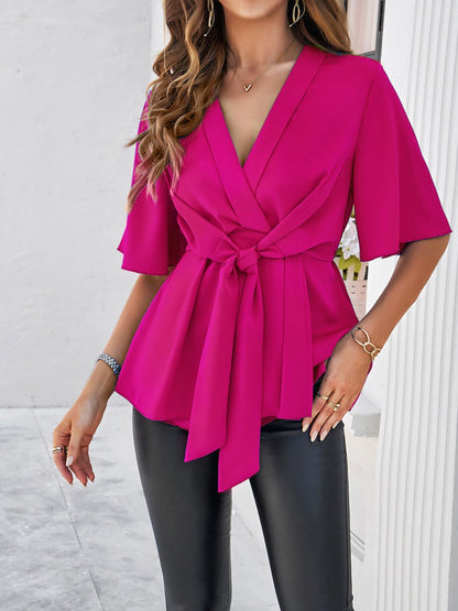 Devine Tied Front Peplum Blouse - Aurelia Clothing