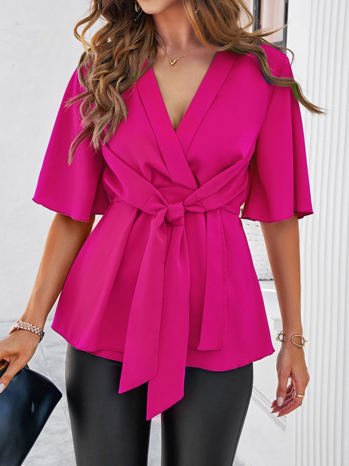 Devine Tied Front Peplum Blouse - Aurelia Clothing