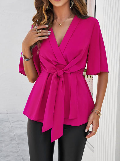 Devine Tied Front Peplum Blouse - Aurelia Clothing