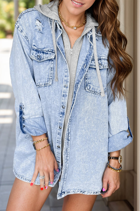 Distressed Button Up Long Sleeve Denim Jacket - Free Shipping - Aurelia Clothing