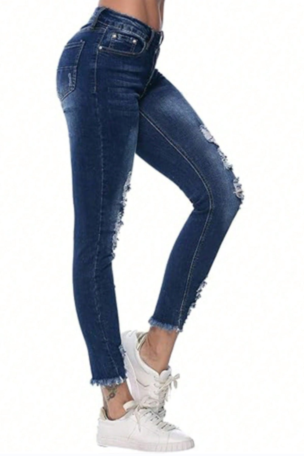 Distressed Raw Hem Jeans with Pockets - Aurelia Clothing