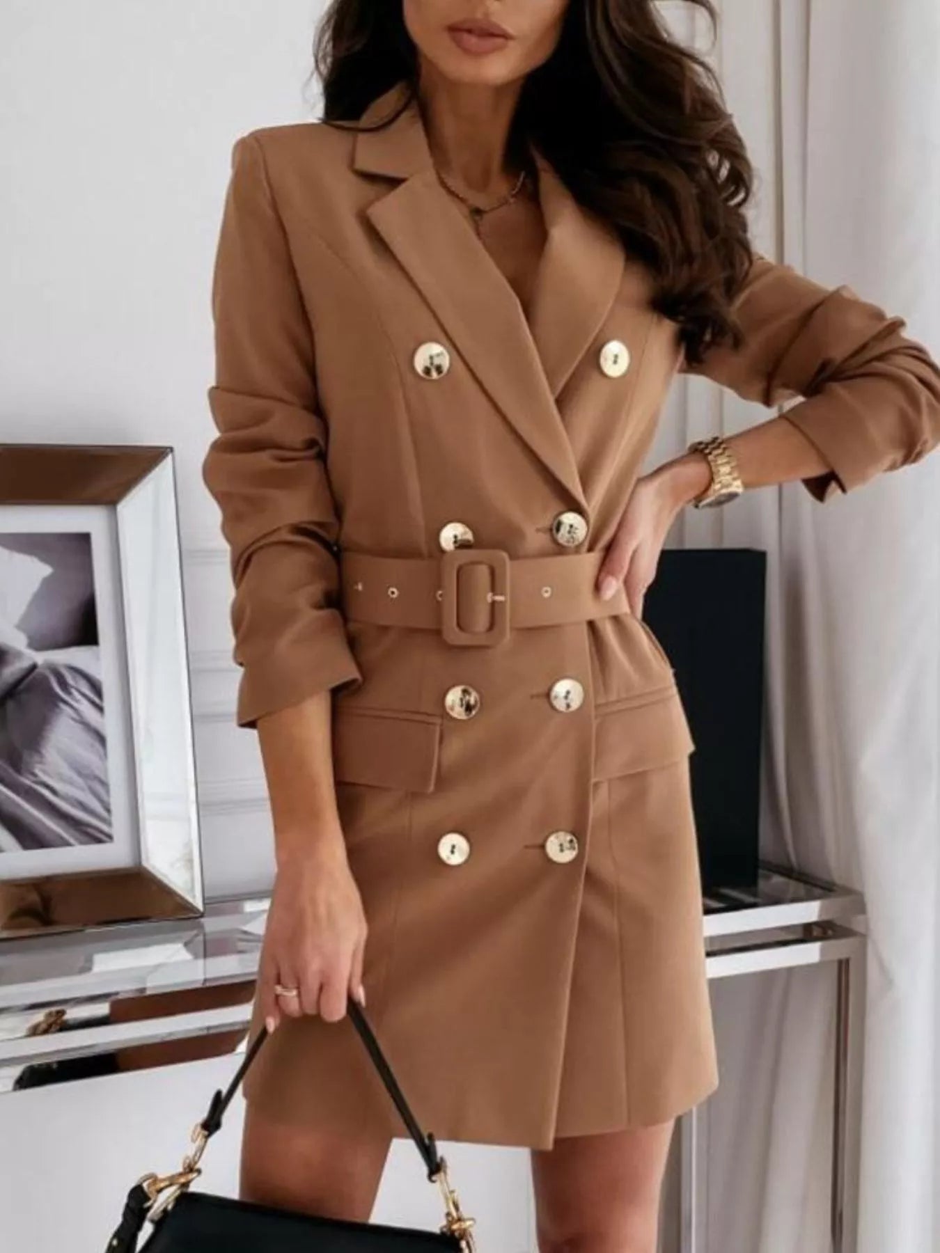 Double-Breasted Belted Blazer Dress-Free Shipping - Aurelia Clothing