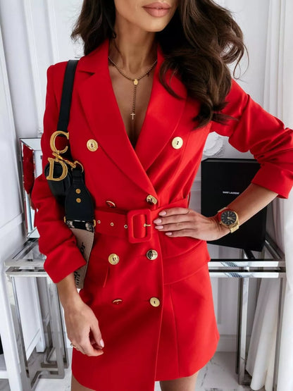Double-Breasted Belted Blazer Dress-Free Shipping - Aurelia Clothing