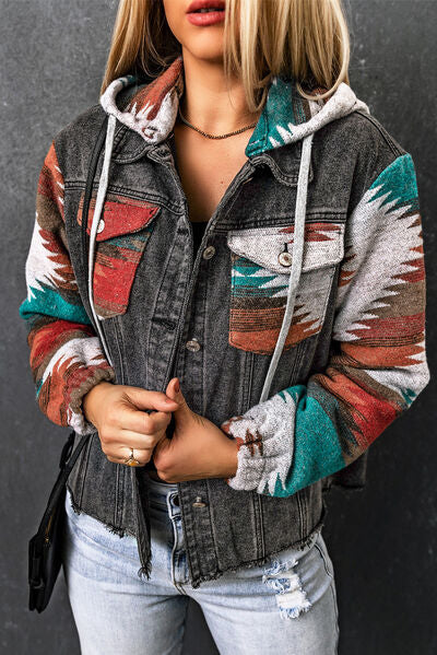 Drawstring Hooded Pocketed Denim Jacket - Aurelia Clothing