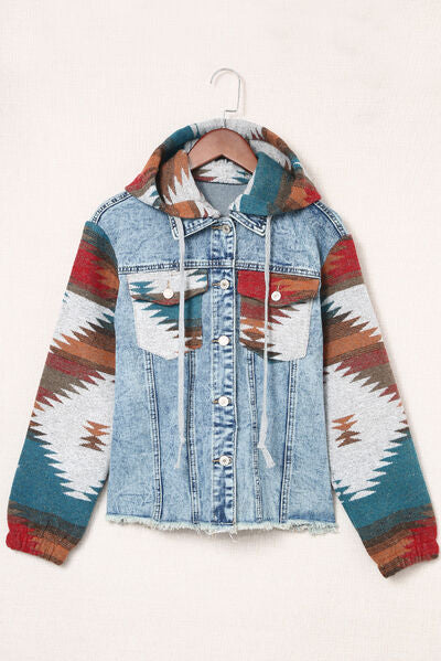 Drawstring Hooded Pocketed Denim Jacket - Aurelia Clothing