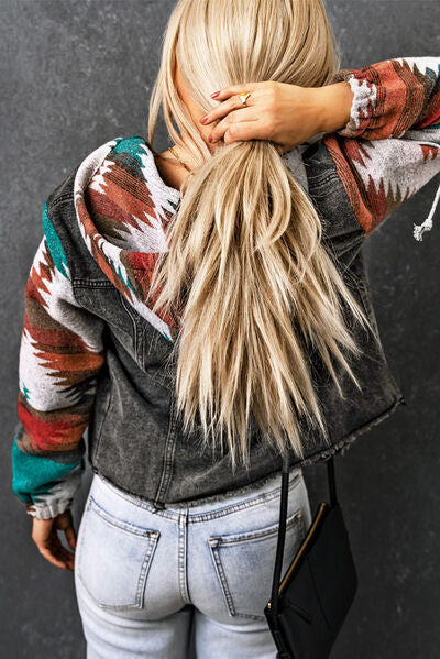 Drawstring Hooded Pocketed Denim Jacket - Aurelia Clothing