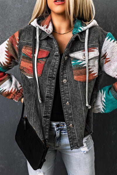 Drawstring Hooded Pocketed Denim Jacket - Aurelia Clothing