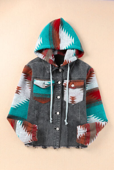 Drawstring Hooded Pocketed Denim Jacket - Aurelia Clothing