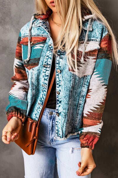 Drawstring Hooded Pocketed Denim Jacket - Aurelia Clothing