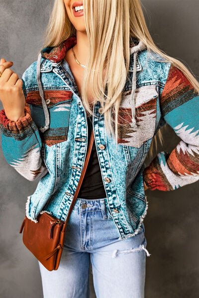 Drawstring Hooded Pocketed Denim Jacket - Aurelia Clothing
