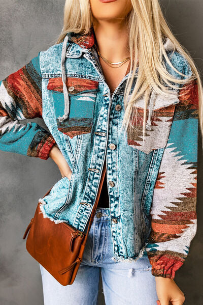 Drawstring Hooded Pocketed Denim Jacket - Aurelia Clothing