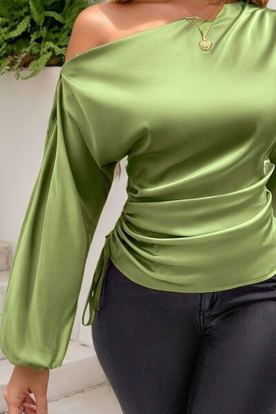 Drawstring One Shoulder Long Sleeve Blouse - Aurelia Clothing