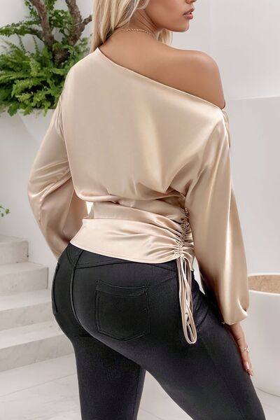 Drawstring One Shoulder Long Sleeve Blouse - Aurelia Clothing