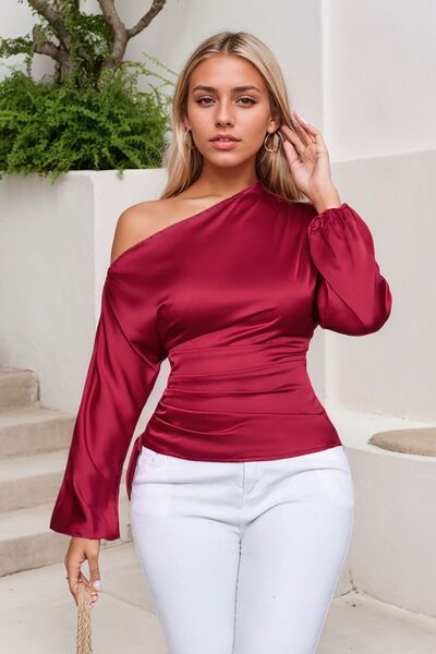 Drawstring One Shoulder Long Sleeve Blouse - Aurelia Clothing
