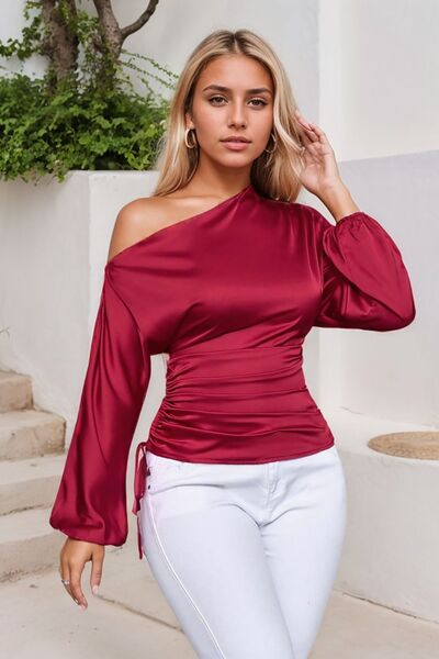 Drawstring One Shoulder Long Sleeve Blouse - Aurelia Clothing